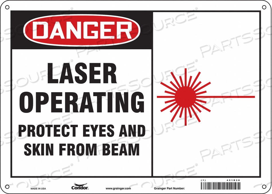 SAFETY SIGN, HORIZONTAL RECTANGLE, NUMBER OF PRINTED SIDES 1, ENGLISH, SIGN FORMAT TRADITIONAL OSHA, SIGN LEGEND LASER OPERATING PROTECT EYE by Condor