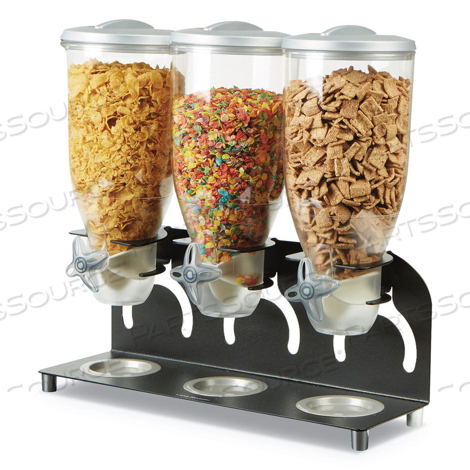 HEAVY DUTY METAL CEREAL TRIPLE DISPENSER, 60 OZ, 18.5 X 5.93 X 17.25, BLACK/CLEAR 