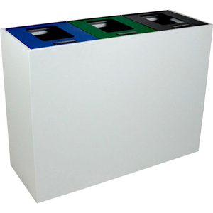 SUMMIT MI TRIPLE - CAN & BOTTLE/PAPER/WASTE, 45 GAL. - WHITE/BLUE/GREEN/BLACK by Busch Systems International Inc SUMMIT MI TRIPLE - CAN & BOTTLE/PAPER/WASTE, 45 GAL. - WHITE/BLUE/GREEN/BLACK by Busch Systems International Inc