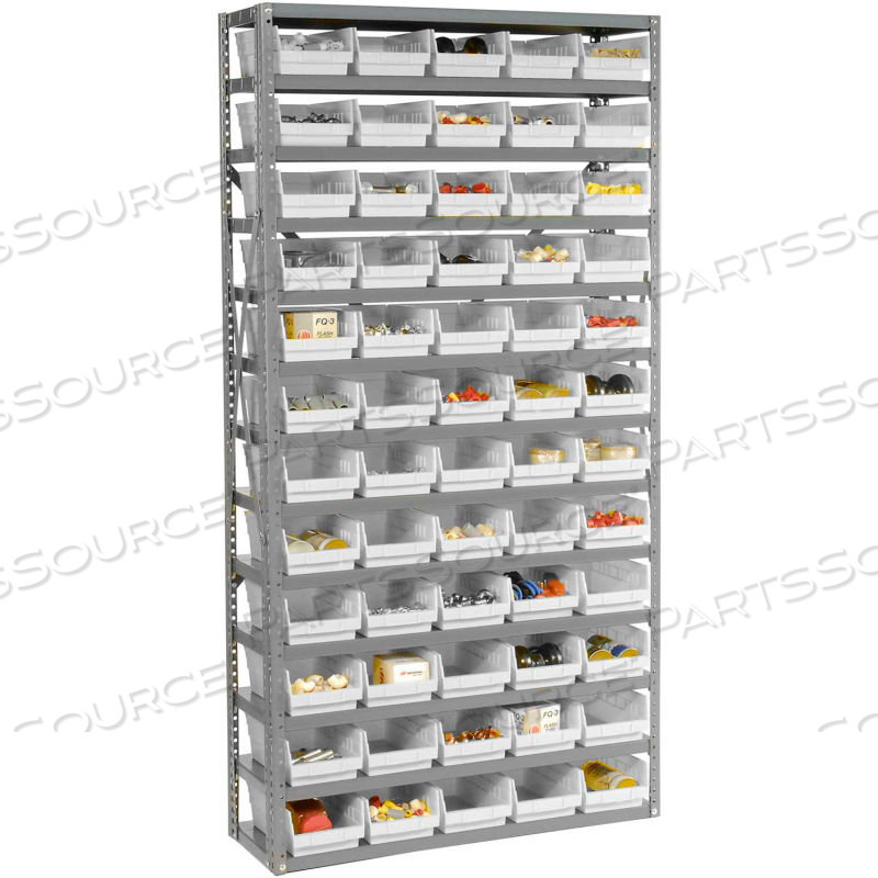 STEEL SHELVING WITH 96 4"H PLASTIC SHELF BINS IVORY - 36X12X72-13 SHELVES by Approved Vendor