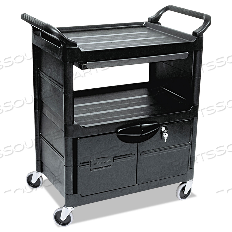 UTILITY CART WITH LOCKING DOORS, PLASTIC, 3 SHELVES, 200 LB CAPACITY, 33.63" X 18.63" X 37.75", BLACK by Rubbermaid Medical Division