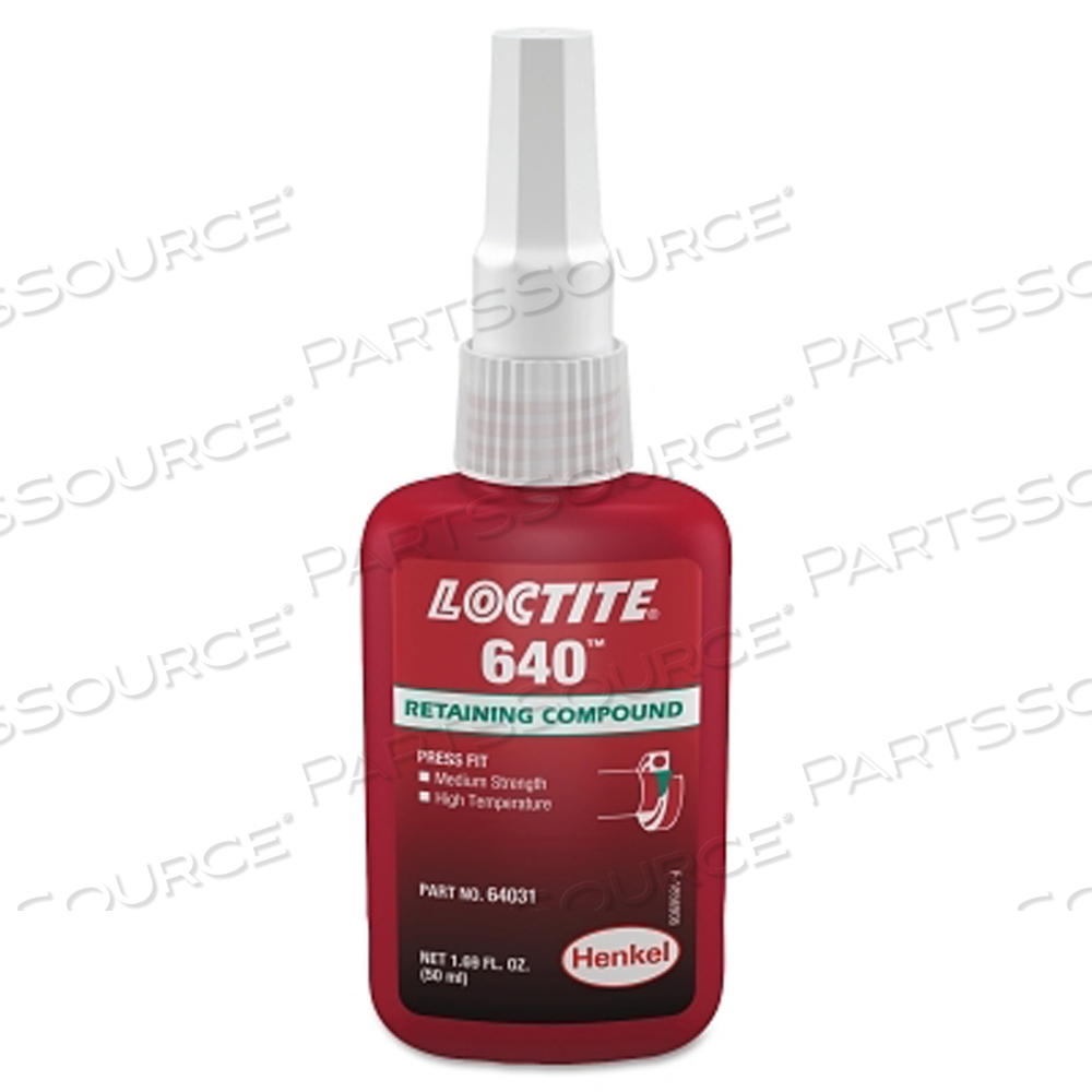 640 RETAINING COMPOUND, MED STRENGTH/HIGH TEMP, 50 ML BOTTLE, GREEN, 3000 PSI by Loctite Brand 640 RETAINING COMPOUND, MED STRENGTH/HIGH TEMP, 50 ML BOTTLE, GREEN, 3000 PSI by Loctite Brand
