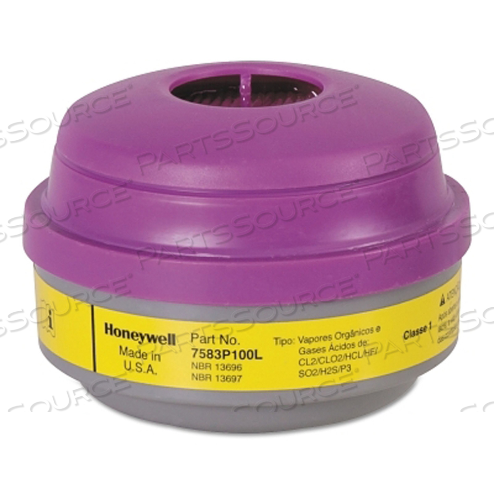 COMBINATION GAS AND VAPOR CARTRIDGE, YELLOW/MAGENTA, CHLORINE/HYDROGEN CHLORIDE/ORGANIC VAPORS, P100 FILTER by North Safety COMBINATION GAS AND VAPOR CARTRIDGE, YELLOW/MAGENTA, CHLORINE/HYDROGEN CHLORIDE/ORGANIC VAPORS, P100 FILTER by North Safety