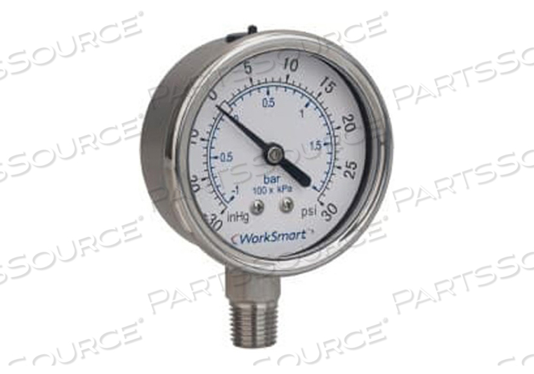 PRESSURE GAUGE, 3-2-3%, 2-1/2 IN DIAL, 1/4 IN NPT, 0 TO 100 PSI, LOWER, STAINLESS STEEL PRESSURE GAUGE, 3-2-3%, 2-1/2 IN DIAL, 1/4 IN NPT, 0 TO 100 PSI, LOWER, STAINLESS STEEL