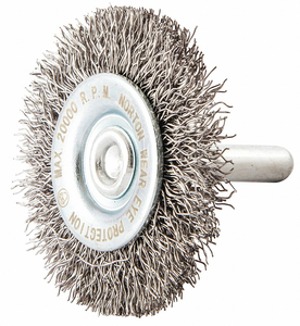 WIRE WHEEL BRUSH, CRIMPED STEEL, 2 IN DIA X 3/8 IN WD, 1/4 IN SHANK, 0.011 IN FILL by Norton | Saint-Gobain Abrasives