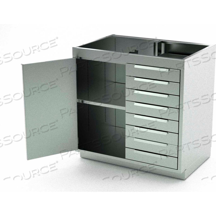 STAINLESS STEEL BASE CABINET, 1 HINGED DOOR, 1 SHELF, 8 DRAWERS, 30"W X 21"D X 36"H 