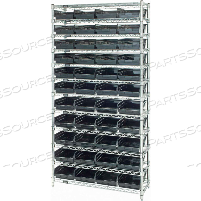 STEEL WIRE SHELVING WITH 44 CONDUCTIVE 4"H BINS BLACK - 12 SHELVES - 36"W X 24"D X 74"H by Quantum Storage Systems STEEL WIRE SHELVING WITH 44 CONDUCTIVE 4"H BINS BLACK - 12 SHELVES - 36"W X 24"D X 74"H by Quantum Storage Systems