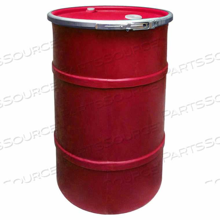 30 GALLON PLASTIC DRUM SS-OH-30 - OPEN HEAD WITH BUNG COVER - LEVER LOCK - RED 