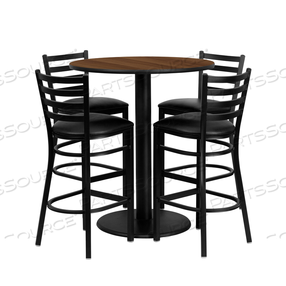 CLARK 36'' ROUND WALNUT LAMINATE TABLE SET WITH 4 LADDER BACK METAL BARSTOOLS - BLACK VINYL SEAT by Flash Furniture