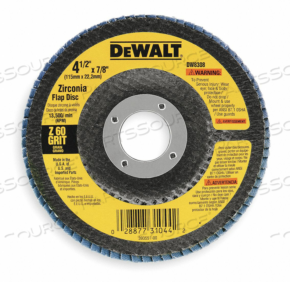 DW8308 DEWALT FLAP DISC,4-1/2"X7/8" 60 GRT ZIRCONIA T29 FLAP DISC by DeWalt