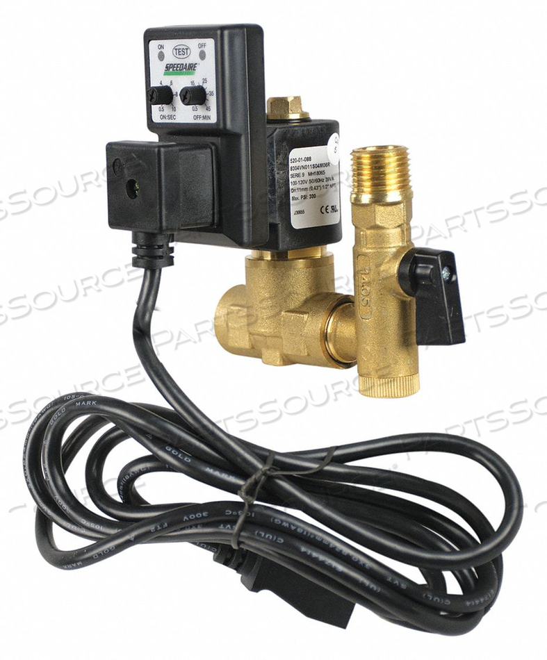 TIMED ELECTRIC AUTO DRAIN VALVE, PIPE SIZE 1/2 IN NPT, DRAIN SIZE 1/4 IN, DRAIN RATE 0.75 GPM, ADJUSTABLE DRAIN CYCLE 0.5 SEC TO 45 MIN, PUR by Speedaire