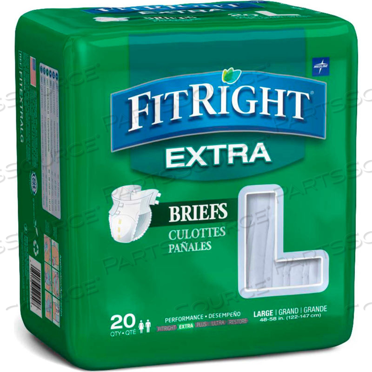 FITRIGHT EXTRA ADULT DISPOSABLE BRIEFS, SIZE L, WAIST SIZE 48"-58", 20/BAG by Medline Industries, Inc. FITRIGHT EXTRA ADULT DISPOSABLE BRIEFS, SIZE L, WAIST SIZE 48"-58", 20/BAG by Medline Industries, Inc.