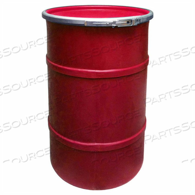 30 GALLON PLASTIC DRUM SS-OH-30 - OPEN HEAD WITH PLAIN LID - LEVER LOCK - RED 