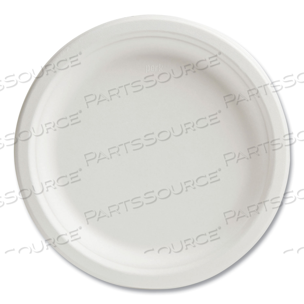 PFAS-FREE COMPOSTABLE BAGASSE PLATES, 9" DIA, WHITE by Perk