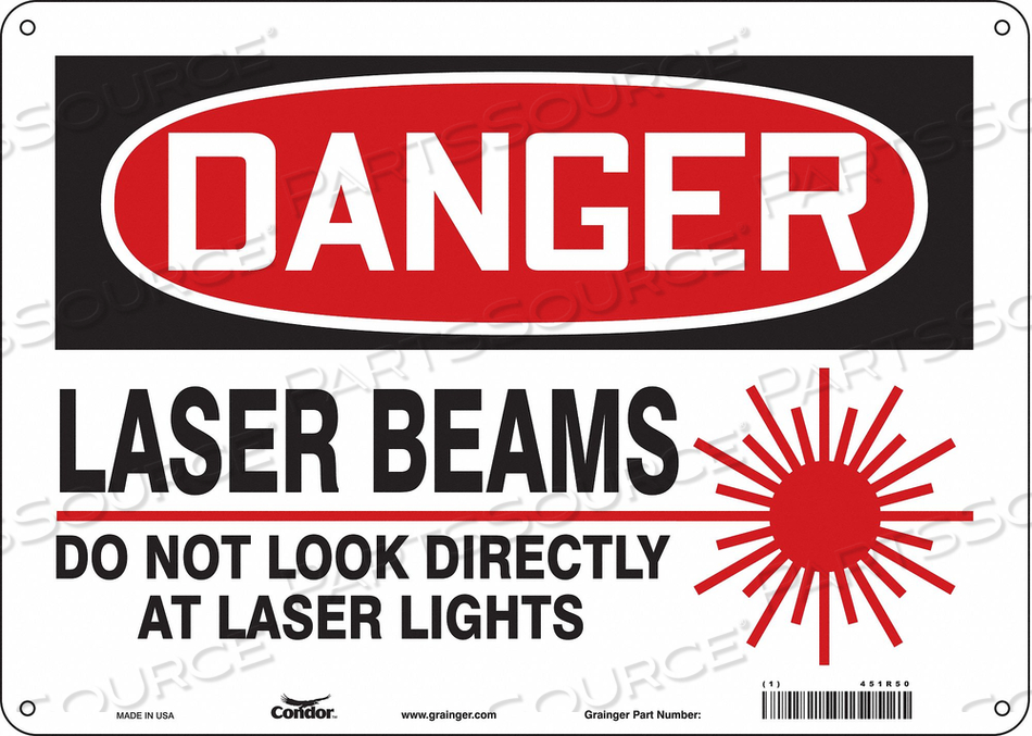 LASER WARNING SIGN, HORIZONTAL RECTANGLE, NUMBER OF PRINTED SIDES 1, ENGLISH, SIGN FORMAT TRADITIONAL OSHA, SIGN LEGEND LASER BEAMS DO NOT L by Condor