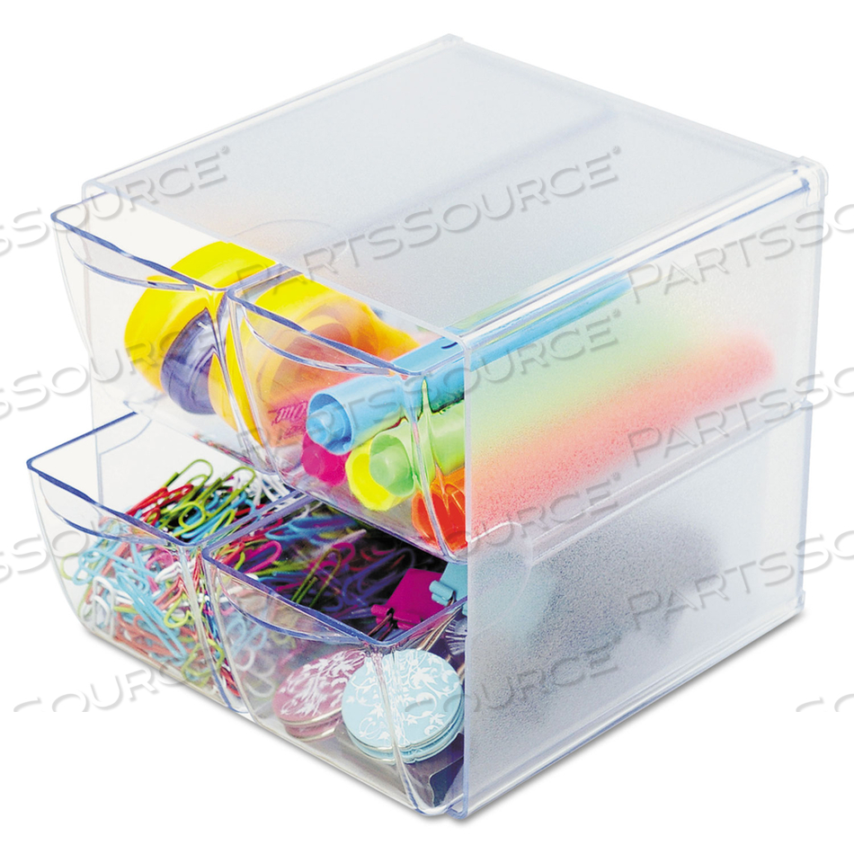STACKABLE CUBE ORGANIZER, 4 COMPARTMENTS, 4 DRAWERS, PLASTIC, 6 X 7.2 X 6, CLEAR 