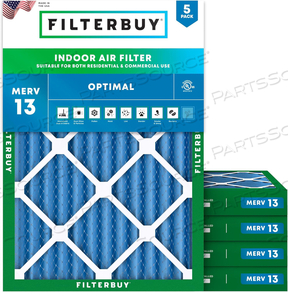 FILTERBUY 10X14X2 AIR FILTER MERV 13 OPTIMAL DEFENSE (5-PACK), PLEATED HVAC AC FURNACE AIR FILTERS REPLACEMENT (ACTUAL SIZE: 9.50 X 13.50 X 1.75 INCHES) 