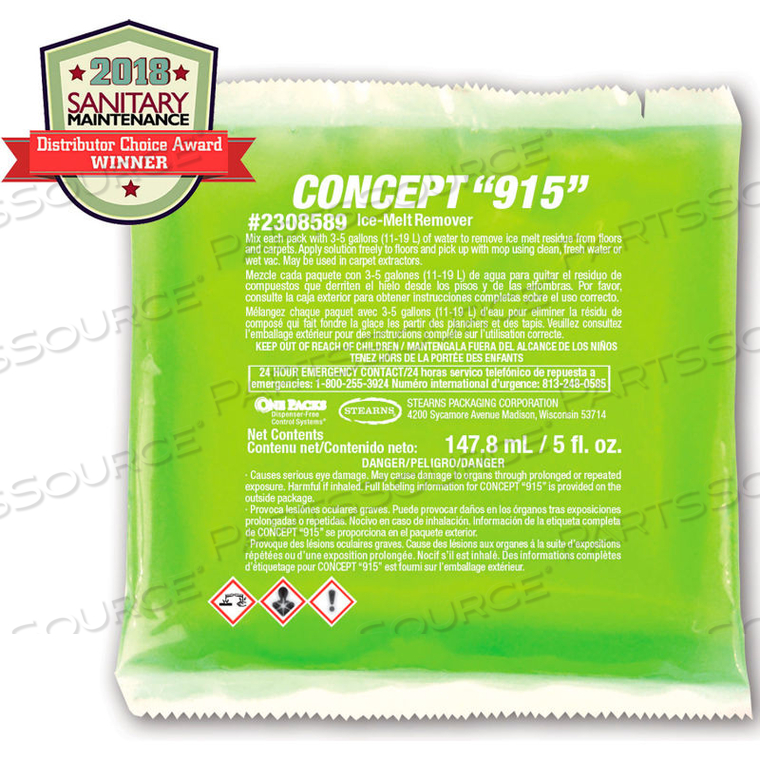 CONCEPT 915 ICE MELT RESIDUE REMOVER - 5 OZ. PACKS, 36 PACKS/CASE by Stearns Packaging Corporation CONCEPT 915 ICE MELT RESIDUE REMOVER - 5 OZ. PACKS, 36 PACKS/CASE by Stearns Packaging Corporation