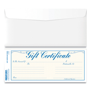 GIFT CERTIFICATES WITH ENVELOPES, 8.5 X 3.67, BLUE/GOLD WITH BLUE BORDER, 25/PACK by Rediform GIFT CERTIFICATES WITH ENVELOPES, 8.5 X 3.67, BLUE/GOLD WITH BLUE BORDER, 25/PACK by Rediform