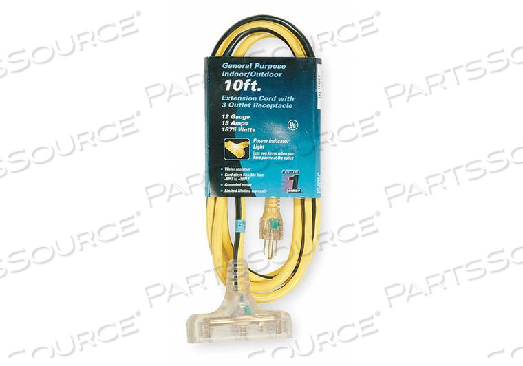 EXTENSION CORD, LOCATION OUTDOOR, CORD LENGTH 10 FT, WIRE SIZE 12 AWG, MAX. AMPS 15 A, VOLTAGE 125V AC, PLUG CONFIGURATION NEMA 5-15P, RECEP by Power First EXTENSION CORD, LOCATION OUTDOOR, CORD LENGTH 10 FT, WIRE SIZE 12 AWG, MAX. AMPS 15 A, VOLTAGE 125V AC, PLUG CONFIGURATION NEMA 5-15P, RECEP by Power First