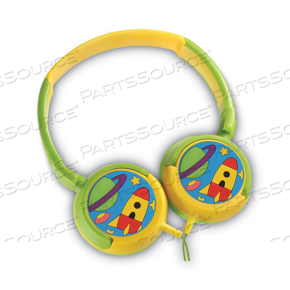 KIDDIES JUNIOR SPACE EXPLORER DESIGN STEREO EARPHONES, 4 FT CORD, GREEN/YELLOW/MULTICOLOR 