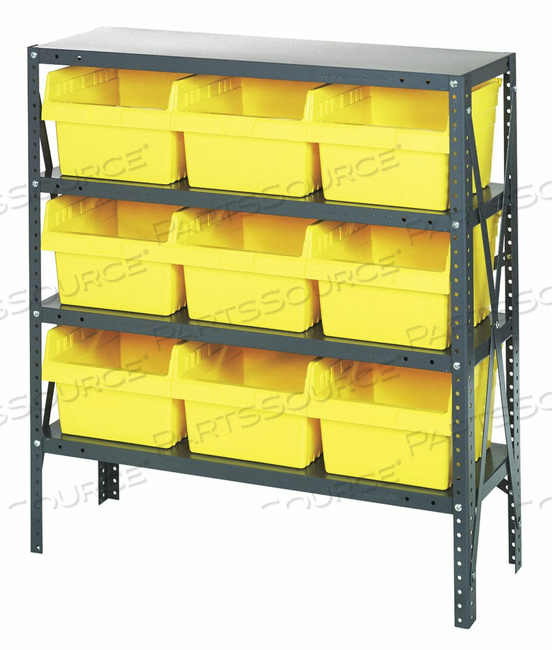 1239-SB809 STEEL SHELVING WITH 9 8"H PLASTIC SHELF BINS YELLOW, 36X12X39-SB4 SHELVES by Quantum Storage Systems 1239-SB809 STEEL SHELVING WITH 9 8"H PLASTIC SHELF BINS YELLOW, 36X12X39-SB4 SHELVES by Quantum Storage Systems