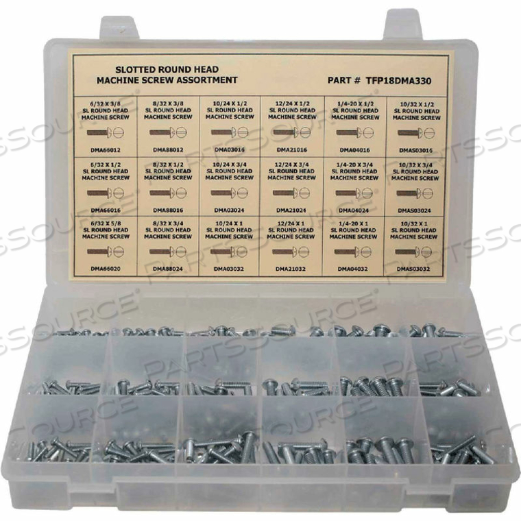 330 PIECE MACHINE SCREW ASSORTMENT - #6 TO 1/4" - SLOTTED ROUND HEAD - STEEL - ZINC PLATED by Titan Fasteners 330 PIECE MACHINE SCREW ASSORTMENT - #6 TO 1/4" - SLOTTED ROUND HEAD - STEEL - ZINC PLATED by Titan Fasteners