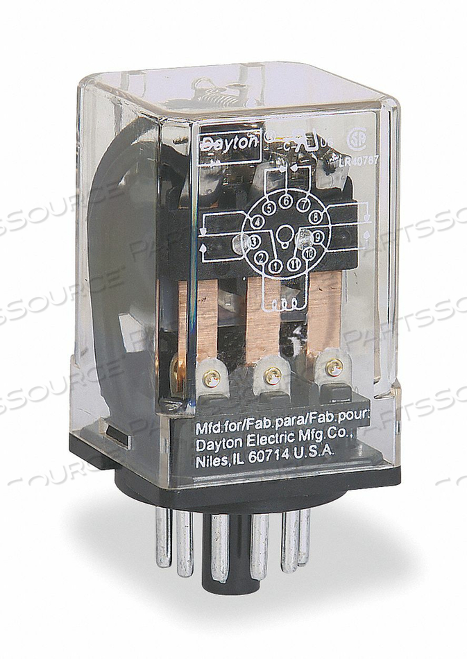 GENERAL PURPOSE RELAY, BASE SHAPE OCTAL, COIL VOLTAGE 24V AC, CONTACT FORM 3PDT, CURRENT RATING 10 A, NUMBER OF PINS 11, STATUS INDICATOR ME by DAYTON ELECTRIC MANUFACTURING CO