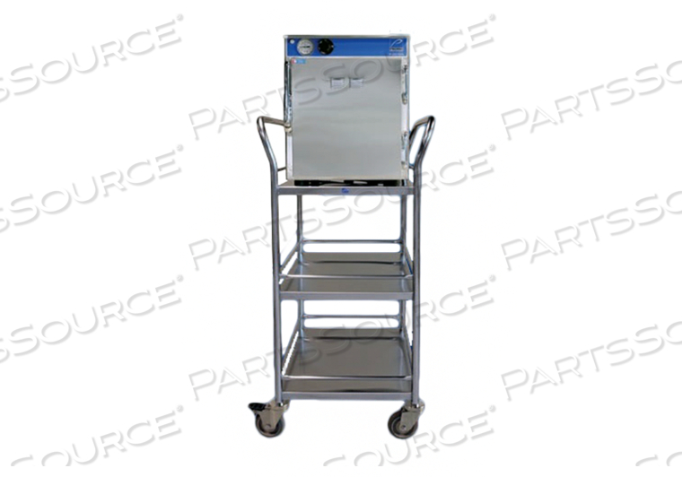WARMING CABINET TRANSPORT CART. FOR MODELS P-2010, P-2010-S, P-2110. 18"W X 27"D X 34"H, 3-SIDED 2"H GUARDRAIL ON TOP SHELF, 3" CASTERS WITH BRAKE LOCKS. 100 POUND WEIGHT LIMIT. by Pedigo Products, Inc.