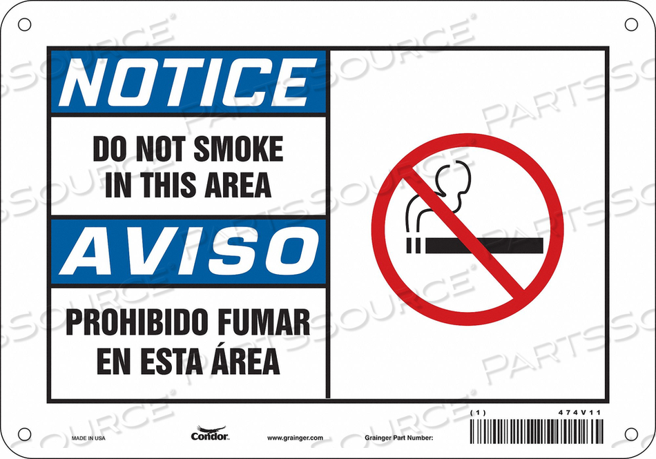 SAFETY SIGN, VERTICAL RECTANGLE, NUMBER OF PRINTED SIDES 1, ENGLISH, SPANISH, SIGN FORMAT TRADITIONAL OSHA, SIGN LEGEND DO NOT SMOKE IN THIS by Condor SAFETY SIGN, VERTICAL RECTANGLE, NUMBER OF PRINTED SIDES 1, ENGLISH, SPANISH, SIGN FORMAT TRADITIONAL OSHA, SIGN LEGEND DO NOT SMOKE IN THIS by Condor