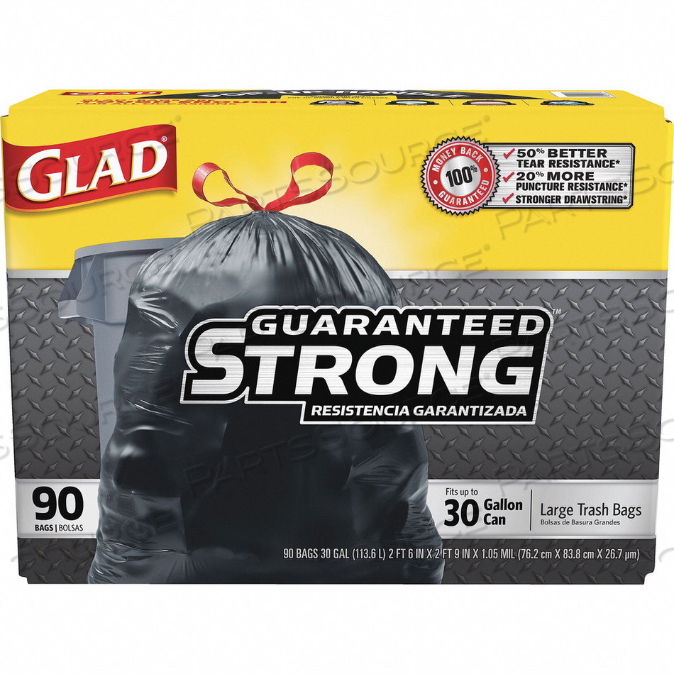 DRAWSTRING LARGE TRASH BAGS, 30 GAL, 1.05 MIL, 30" X 33", BLACK by Glad DRAWSTRING LARGE TRASH BAGS, 30 GAL, 1.05 MIL, 30" X 33", BLACK by Glad