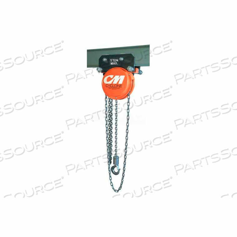 CYCLONE HAND CHAIN HOIST ON PLAIN TROLLEY, 1/2 TON, 10 FT. LIFT 