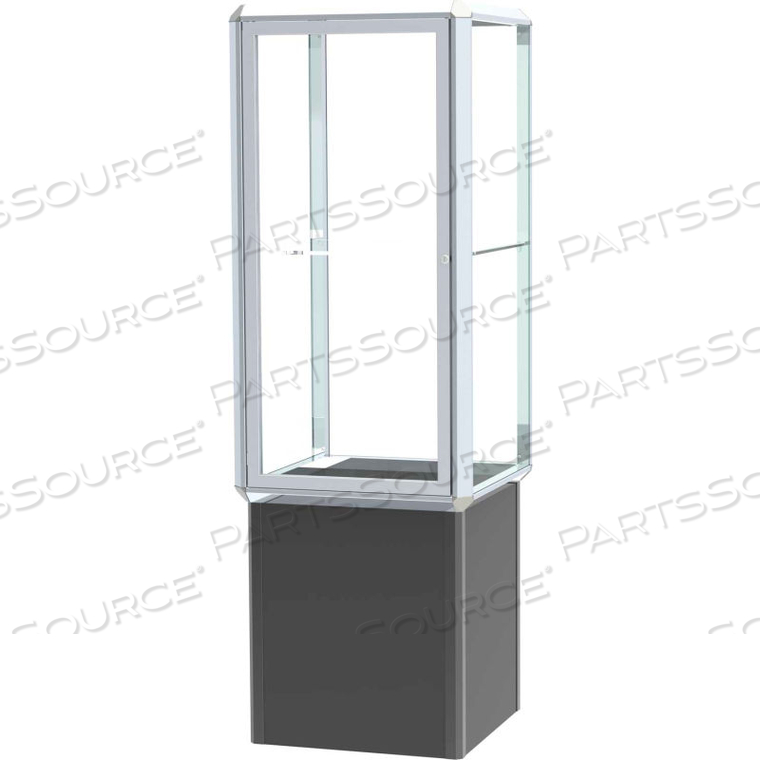 PROMINENCE SPOTLIGHT TOWER CASE, CLEAR GLASS BACK, CHROME FRAME, LOCKING BASE, 24"L X 72"H X 24"D 