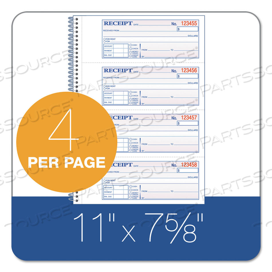 TOPS MONEY/RENT RECEIPT BOOK, TWO-PART CARBON, 7 X 2.75, 4 FORMS/SHEET, 200 FORMS TOTAL by Adams