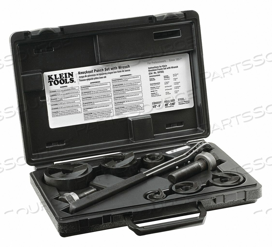 *** PUNCH SET, TYPE: KNOCKOUT PUNCH SET , STYLE: WRENCH INCLUDED, SET INCLUDES: 1" RATCHETING WRENCH, KNOCKOUT PUNCHES, DIES AND DRAW STUDS by Klein Tools *** PUNCH SET, TYPE: KNOCKOUT PUNCH SET , STYLE: WRENCH INCLUDED, SET INCLUDES: 1" RATCHETING WRENCH, KNOCKOUT PUNCHES, DIES AND DRAW STUDS by Klein Tools