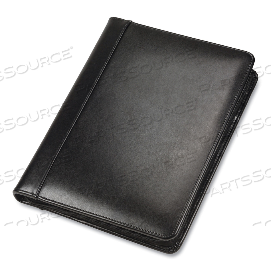 LEATHER ZIPPER PADFOLIO W/WRITING PAD, ORGANIZER SLOTS, BLACK 