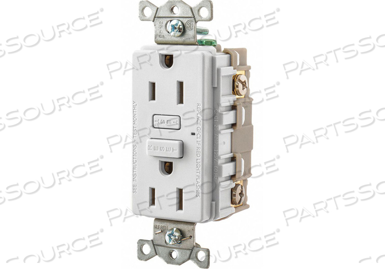 GFCI RECEPTACLE, DUPLEX, WHITE, 5-15R, 15 A, 125V AC, 2 POLE / 3 WIRE, GEN USE by Hubbell Power Systems