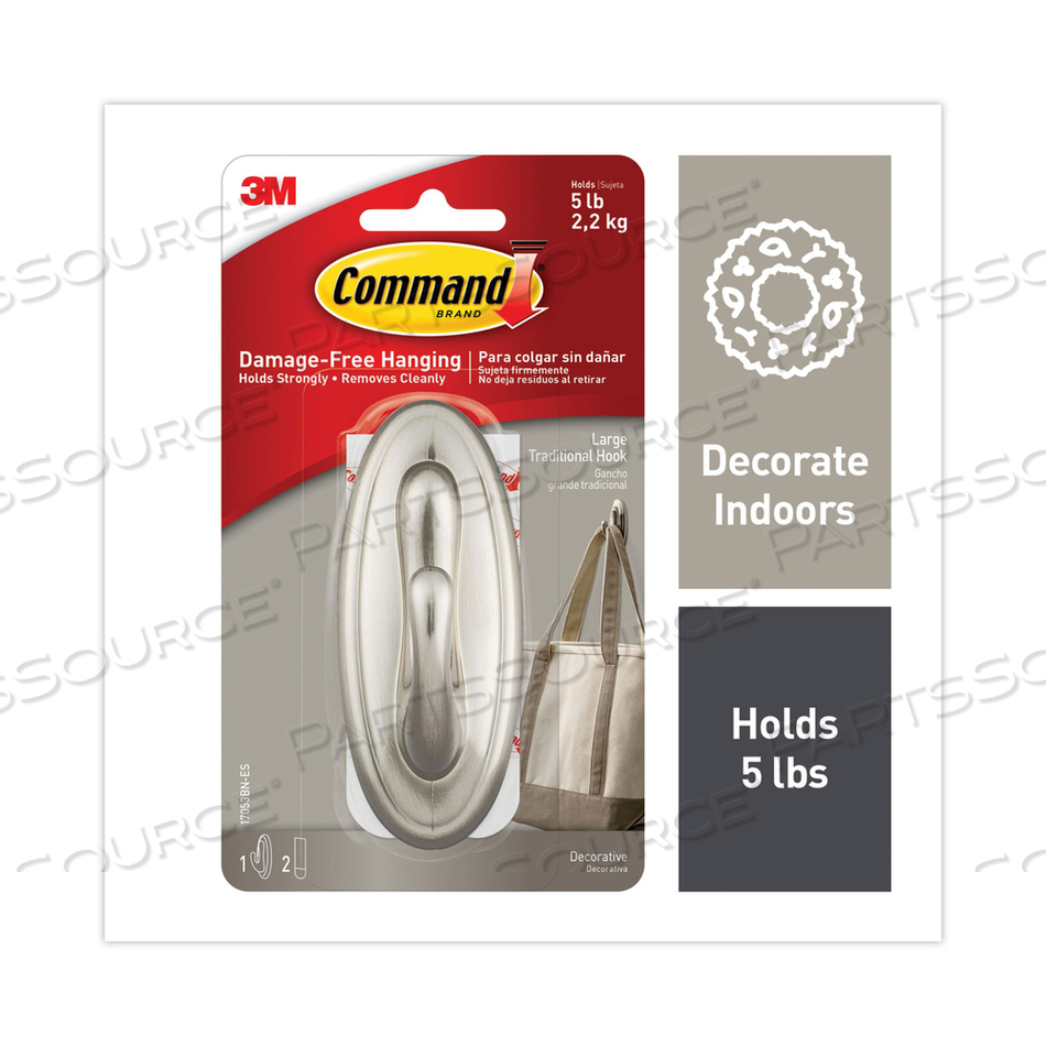 DECORATIVE HOOKS, TRADITIONAL, LARGE, PLASTIC, SILVER, 5 LB CAPACITY, 1 HOOK AND 2 STRIPS/PACK by 3M Consumer