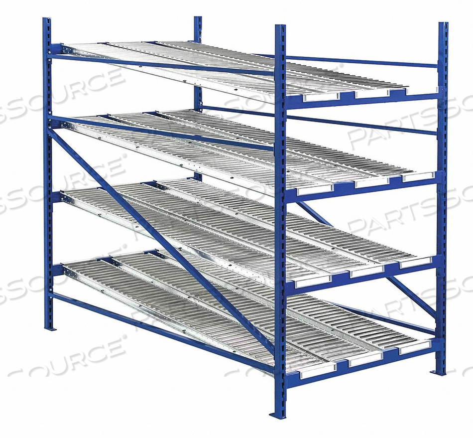 GRAVITY FLOW ROLLER RACK WITH SPAN TRACK STARTER 96"W X 72"D X 84"H WITH 4 LEVELS by UNEX Manufacturing