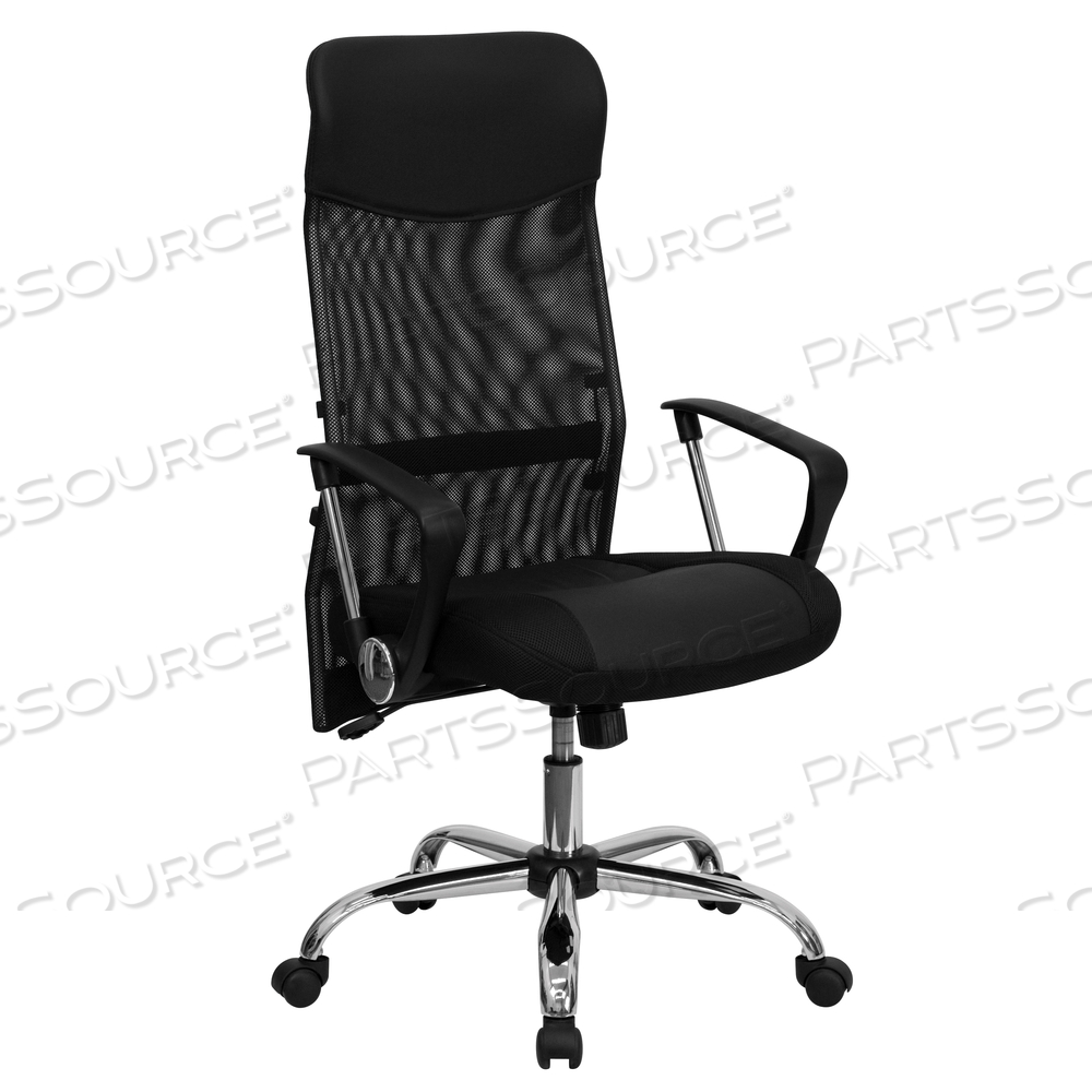 ABNEY HIGH BACK BLACK LEATHER AND MESH SWIVEL TASK OFFICE CHAIR WITH ARMS by Flash Furniture