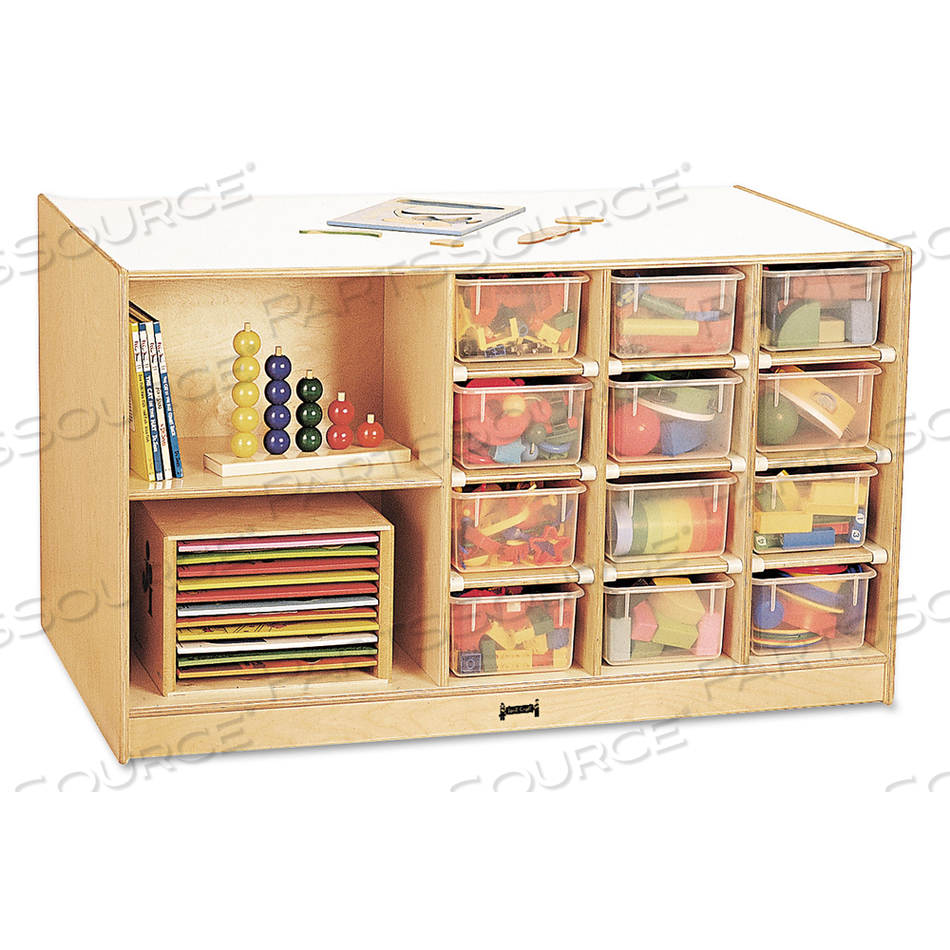 MOBILE STORAGE ISLAND, TWIN W/CLEAR TRAYS, 48"W X 29"D X 29-1/2"H, BIRCH PLYWOOD by Jonti-Craft Inc MOBILE STORAGE ISLAND, TWIN W/CLEAR TRAYS, 48"W X 29"D X 29-1/2"H, BIRCH PLYWOOD by Jonti-Craft Inc