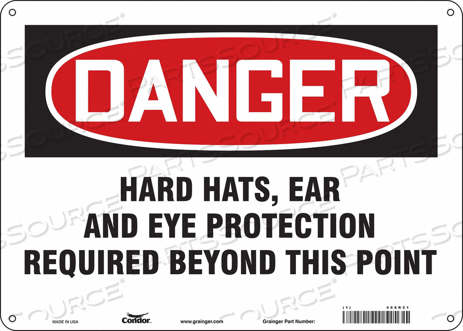 SAFETY SIGN, HORIZONTAL RECTANGLE, NUMBER OF PRINTED SIDES 1, ENGLISH, SIGN FORMAT TRADITIONAL OSHA, SIGN LEGEND HARD HATS, EAR AND EYE PROT by Condor