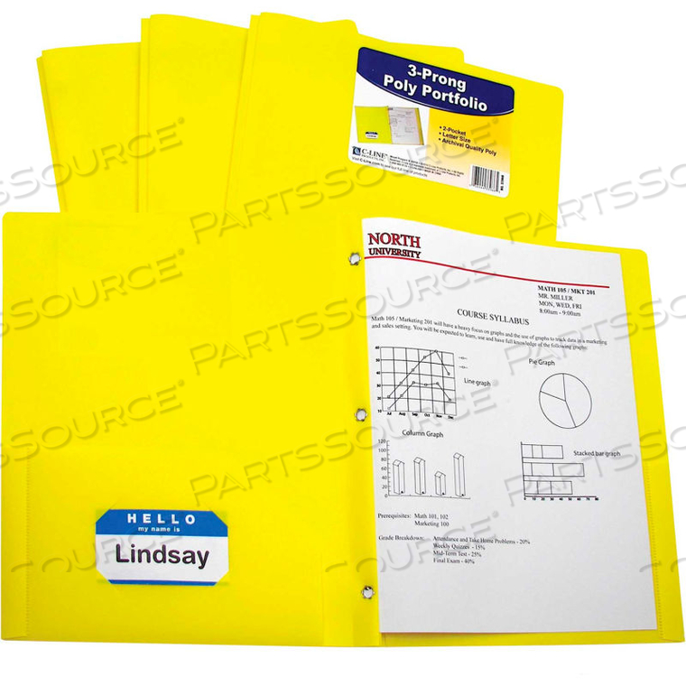 TWO-POCKET HEAVYWEIGHT POLY PORTFOLIO FOLDER WITH PRONGS, YELLOW, 25 FOLDERS/SET by C-Line