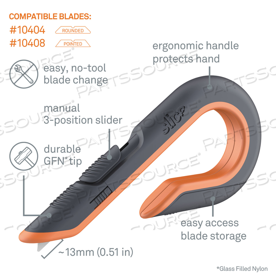 BOX CUTTERS, DOUBLE SIDED, REPLACEABLE, 1.29" CARBON STEEL BLADE, 7" NYLON HANDLE, GRAY/ORANGE by Slice BOX CUTTERS, DOUBLE SIDED, REPLACEABLE, 1.29" CARBON STEEL BLADE, 7" NYLON HANDLE, GRAY/ORANGE by Slice