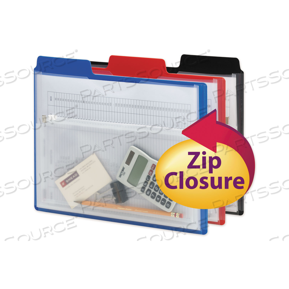 POLY PROJECT ORGANIZER WITH ZIP POUCH, 2-SECTIONS, 1/3-CUT TAB, LETTER SIZE, ASSORTED COLORS, 3/PACK 