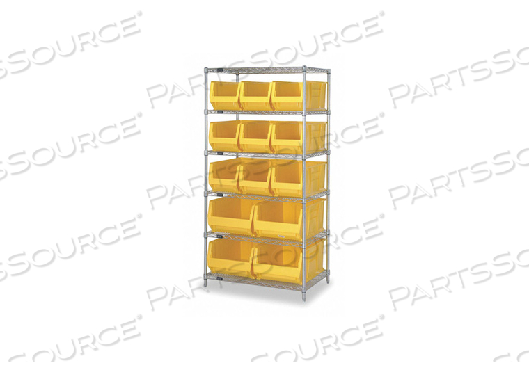 WR6-973974 CHROME WIRE SHELVING WITH 13 30"D HOPPER BINS YELLOW, 30X36X74 by Quantum Storage Systems WR6-973974 CHROME WIRE SHELVING WITH 13 30"D HOPPER BINS YELLOW, 30X36X74 by Quantum Storage Systems