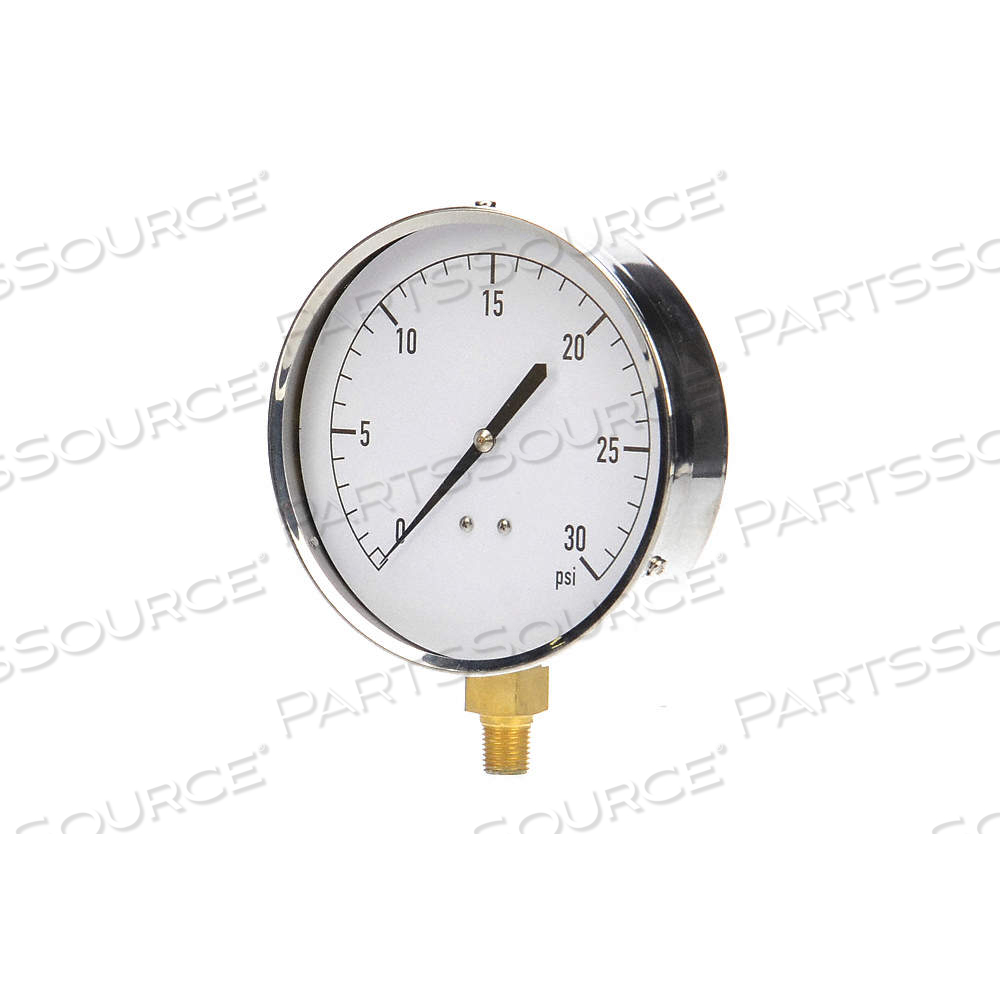 INDUSTRIAL PRESSURE GAUGE, 0 TO 30 PSI, 4 1/2 IN DIAL, 1/4 IN NPT MALE, BOTTOM by Approved Vendor