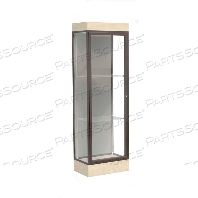 EDGE LIGHTED FLOOR CASE, HARBOR BACK, DARK BRONZE FRAME, 6" CHARDONNAY BASE, 24"W X 76"H X 20"D 