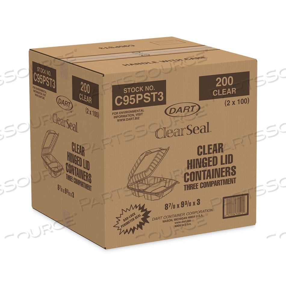 CLEARSEAL HINGED-LID PLASTIC CONTAINERS, 3-COMPARTMENT, 9.4 X 8.9 X 3, PLASTIC, 100/BAG by Dart Container Corporation CLEARSEAL HINGED-LID PLASTIC CONTAINERS, 3-COMPARTMENT, 9.4 X 8.9 X 3, PLASTIC, 100/BAG by Dart Container Corporation