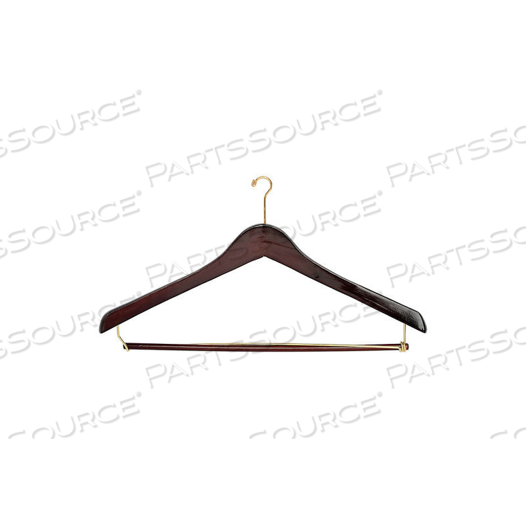 17" WOOD HANGER FOR MEN'S SUIT, MINI-HOOK, WALNUT W/ BRASS HARDWARE, 100/CASE 